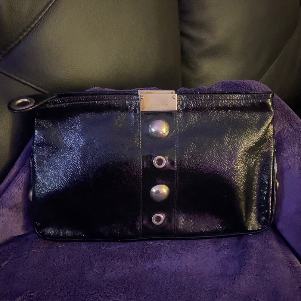 Jimmy Choo black patent leather zip clutch w gold hardware